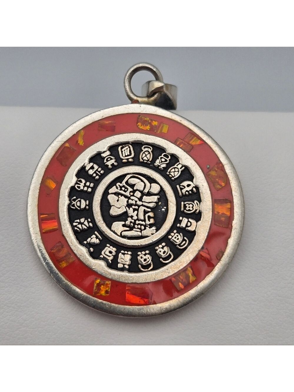 Mexican Silver Aztec Calendar Pendant Two-Face Design Blue & Orange Abalone